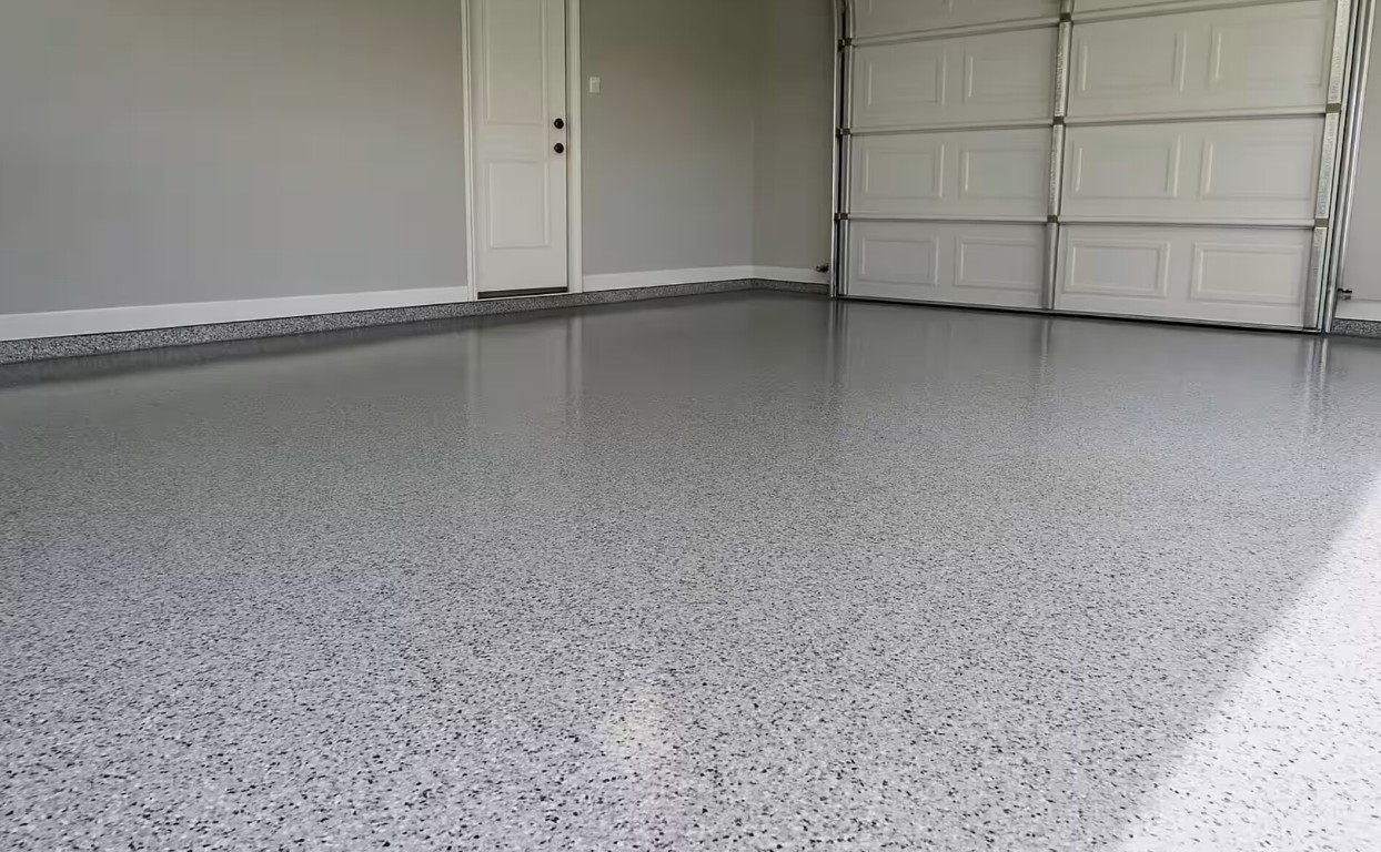 Professional epoxy garage floor coating with decorative flake finish